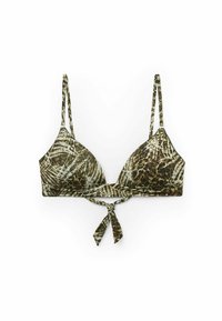 Grön och brun mönstrad bikinöverdel med knyt framtill, featuring tunna band och en triangulär kupa design. Slät textur, inget hårdvara synlig.