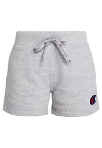 Grå bomullsblandning shorts med elastisk midja, dragsko; har en liten logotyp på vänster ben, slät yta och avslappnad design.