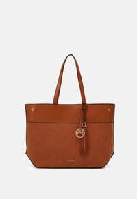 BRUN vegan läder tote-väska med en slät textur, dubbla handtag, guldfärgade detaljer, en tofs och kontrasterande svart kant.