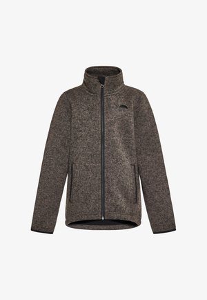 Tumepruun fliisjakk kõrge kraega, täispikk tõmblukk ja kontrastsed mustad detailid taskutel ja äärel. Sile tekstuur, juhuslik disain.