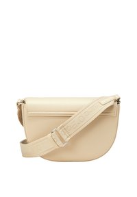 Beige Umhängetasche aus glattem Leder mit gewellter Form, ausgestattet mit einem Reißverschluss und einem gemusterten Stoffgurt.