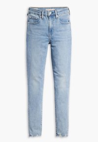 Hellblaue Jeans aus Denim mit slim Fit, ausgestattet mit fünf Taschen, einem Reißverschluss und ausgefransten Säumen für einen lässigen Look.