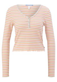 Langärmliges, tailliertes Oberteil mit pastellfarbenen Streifen in Orange, Pink und Blau. Verfügt über einen V-Ausschnitt und eine dreiknöpfige Knopfleiste an der Vorderseite.