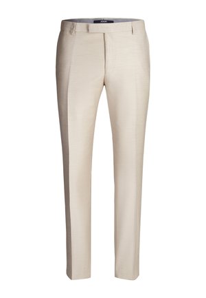 Beige, op maat gemaakte broek van geweven stof. Heeft een vlakke voorkant, een slanke pasvorm en geen zichtbare zakken, wat zorgt voor een gladde silhouet.