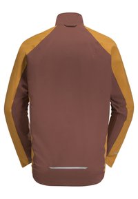 Veste résistante à l'eau avec un corps marron et des manches jaunes. Comprend un col haut et un détail réfléchissant à l'ourlet arrière.