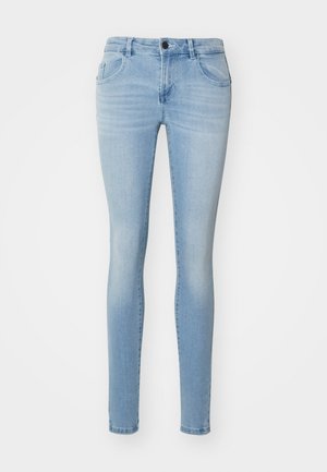 Lichtblauwe skinny jeans van denim, met een hoge taille, vijf zakken en een lichte vervaging voor een casual uitstraling.