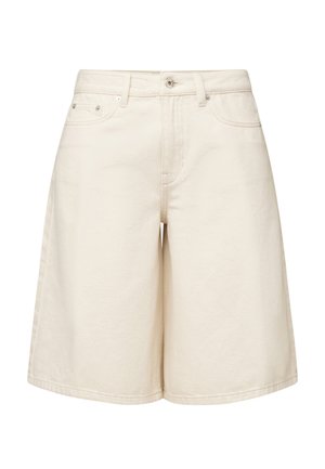 Cream-colored high-waist denim shorts with front button, zipper, belt loops, and five-pocket styling, knee-length design.