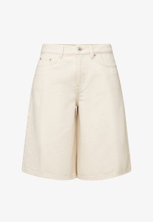Cream-colored high-waist denim shorts with front button, zipper, belt loops, and five-pocket styling, knee-length design.