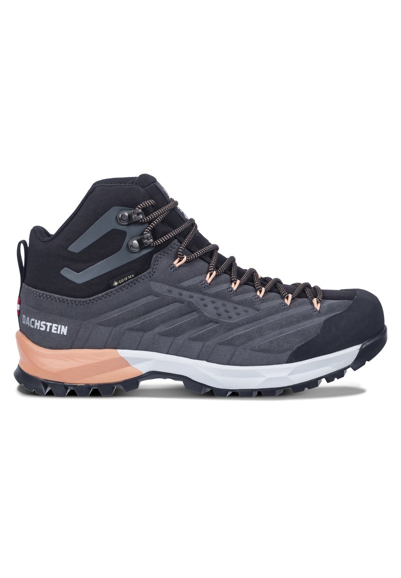 Mid ankle hiking boot in dark grey and black suede with synthetic accents, featuring a rubber sole, metal lacing hooks, and textured side panels.