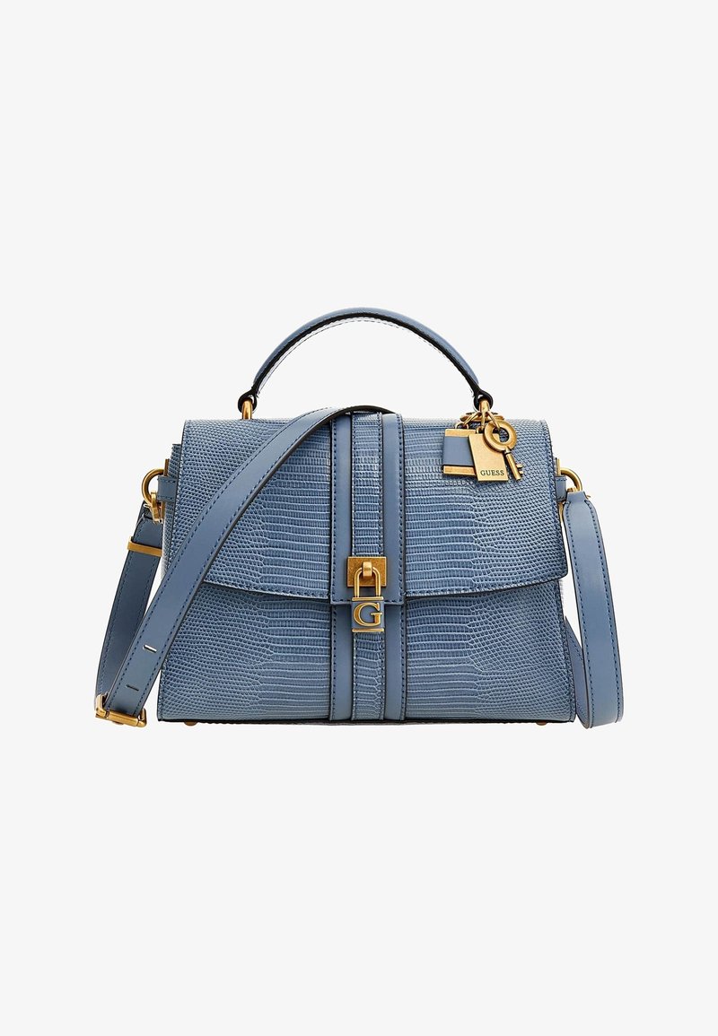 Borsa a mano azzurro chiaro in pelle testurizzata con una forma strutturata. Presenta dettagli in oro, un charm a forma di chiave e una tracolla.