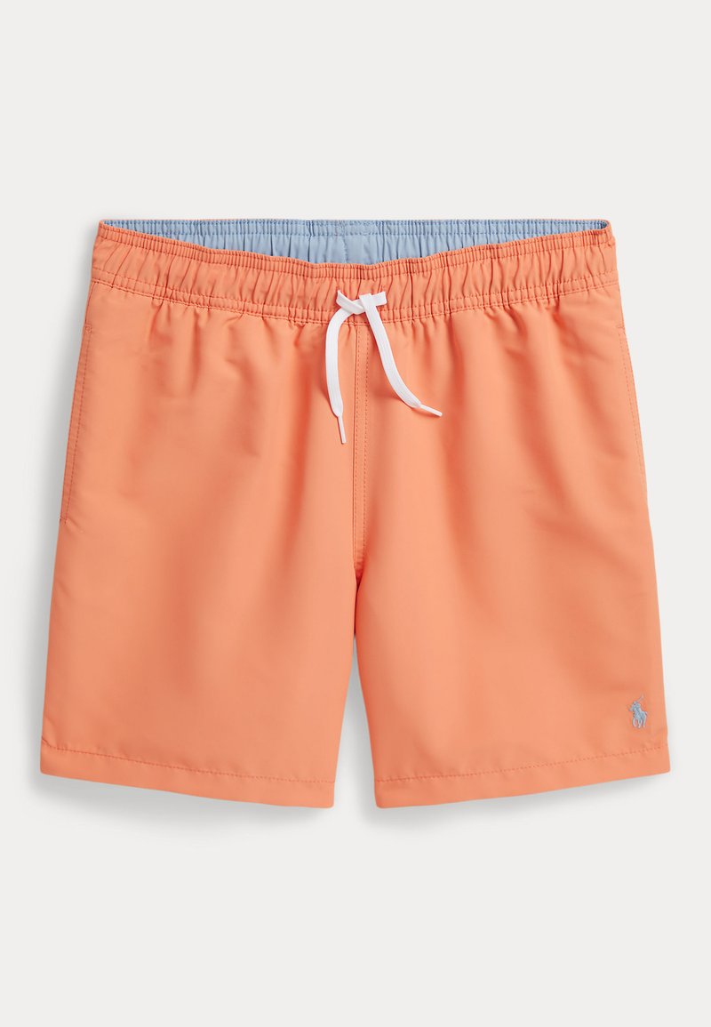Costume da bagno arancione da uomo con fodera interna azzurro chiaro e coulisse bianca, con un piccolo logo ricamato vicino all'orlo.