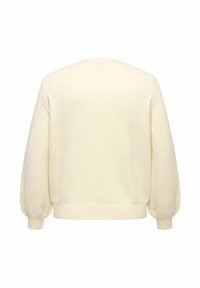 Pull en tricot couleur crème avec de longues manches bouffantes et des poignets et un ourlet côtelés, vu de dos.