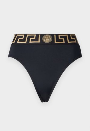 Musta bikinit alushousut kullankeltaisella kreikkalaisella avaimen kuvioinnilla ja Medusa-symbolilla vyötäröllä, valmistettu sileästä joustavasta kankaasta.