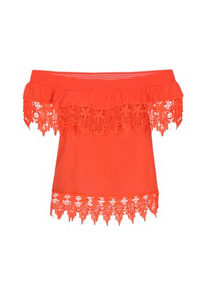 Heledest kätk, elava oranži värviga, millel on volangidega kaelus ja pitsäär allosas, valmistatud kergest tekstuuriga kangast.