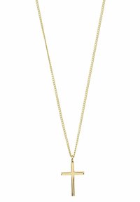 Collana d'oro con una catena sottile e un pendente a croce lucido. La croce è tridimensionale con una superficie liscia.