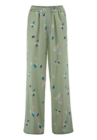 Lichtgroene wijde broek met een elastische tailleband, voorzien van een bloemenpatroon in roze, blauw en donkergroen. Glad textiel.