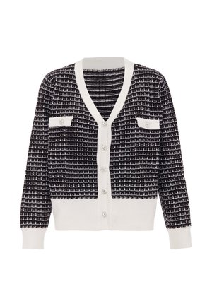 Marineblaues und weißes Strickjacke mit strukturiertem Muster, V-Ausschnitt, zwei frontalen Taschen und dekorativen Knöpfen an der Vorderseite.