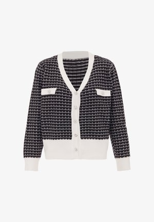 Granatowy i biały kardigan z teksturowanym wzorem, dekoltem w serek, dwoma przednimi kieszeniami oraz ozdobnymi guzikami z przodu.