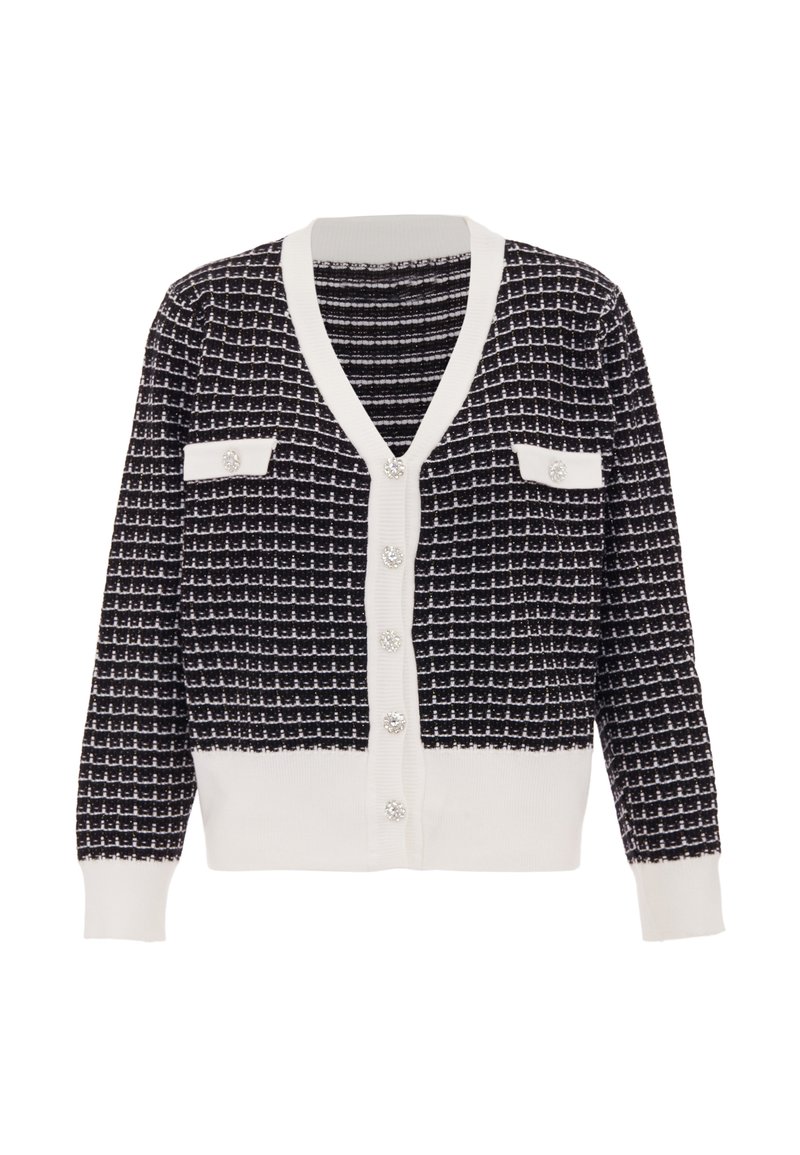 Tengerészkék és fehér kardigán, texturált mintával, V-kivágással, két elülső zsebbel és dekoratív gombokkal az elején.