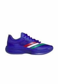 Scarpa sportiva viola con tomaia testurizzata, caratterizzata da strisce diagonali rosse, bianche e verdi. Progettata per le prestazioni con una suola resistente.