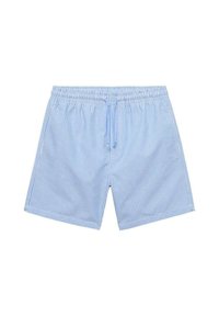 Plavati hlače s prugicami z elastičnim pasom in vrvico, v svetlo modrih in belih vertikalnih prugah, iz lahkega materiala.