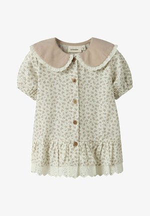 Vestido de bebé crema con pequeño estampado floral marrón, cuello redondeado beige con borde de encaje, botones de madera, mangas abullonadas y dobladillo con encaje de ojales.