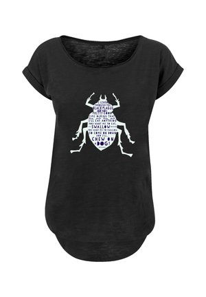 Black short-sleeve T-shirt featuring a large white and purple graphic of a beetle filled with text. Relaxed fit, soft fabric, rounded hem.