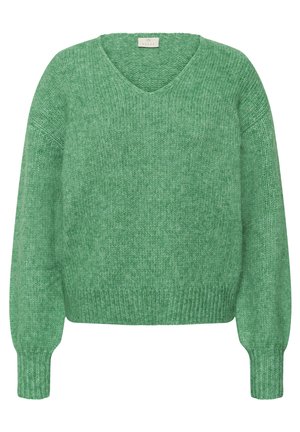 Pull vert texturé avec un col en V et une coupe ample. Poignets et ourlet côtelés. Confectionné dans un tissu tricoté doux.