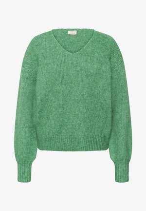 Zöld, texturált pulóver V-nyakkal és laza szabással. Bordázott mandzsetták és szegély. Puha, kötött anyagból készült.