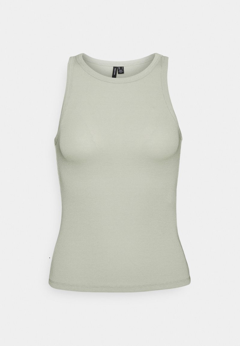 Débardeur côtelé vert clair avec un col rond et un design sans manches ; présente une silhouette ajustée et une texture lisse.