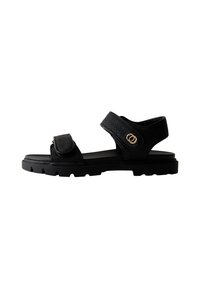 Svarta sandaler med en strukturerad rem och justerbar velcro-stängning, med en formad sula i ett kraftigt utförande och detaljer i guld.
