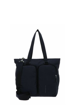 Sac fourre-tout noir avec deux poches avant zippées, deux poignées et une bandoulière amovible sur fond blanc.