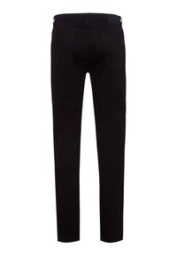 Pantaloni in denim nero con un fit dritto, dotati di tasche posteriori, passanti per cintura e una superficie liscia. Nessun marchio o accento visibile.