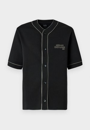 Camicia nera a maniche corte con bottoni e piping bianco, con ricamo "Armani Exchange" sul petto sinistro.