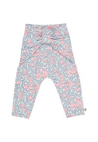 Leggings met een bloemenpatroon op een lichtblauwe achtergrond, voorzien van roze en groene accenten, zachte stof en een knoopontwerp bij de taille.
