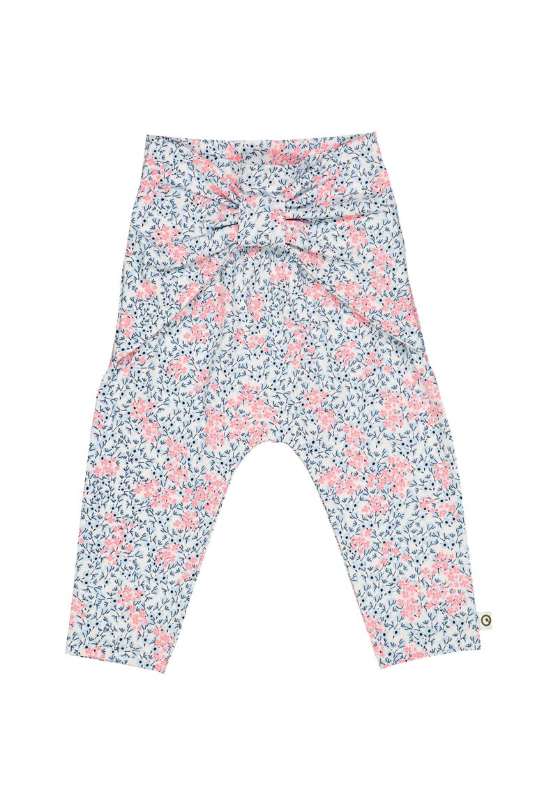 Leggings met een bloemenpatroon op een lichtblauwe achtergrond, voorzien van roze en groene accenten, zachte stof en een knoopontwerp bij de taille.