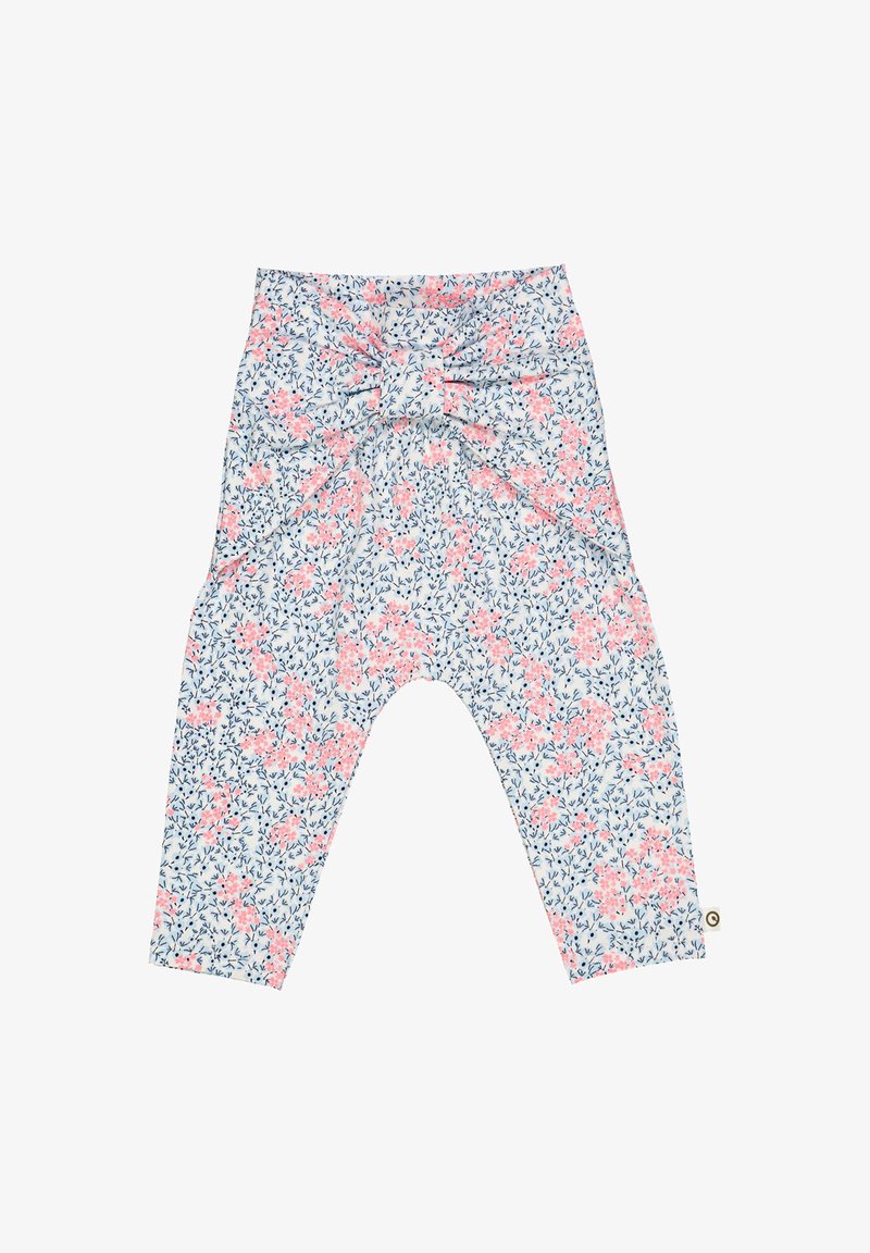 Legíny s květinovým vzorem na světle modrém pozadí, s růžovými a zelenými akcenty, vyrobené z jemné látky a s uzlovým designem v pase.