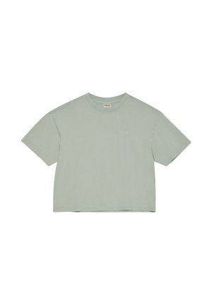 Lichtgroen, kortärmelig cropped T-shirt met ronde hals, klein geborduurd "HALO"-logo op de linkerborst en een stoffen label bij de kraag.