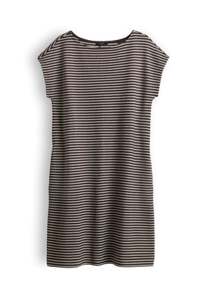 Gebreide jurk met korte mouwen met zwart-witte horizontale strepen, boothals en rechte silhouet.