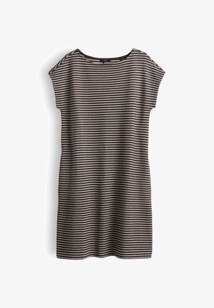 Gebreide jurk met korte mouwen met zwart-witte horizontale strepen, boothals en rechte silhouet.