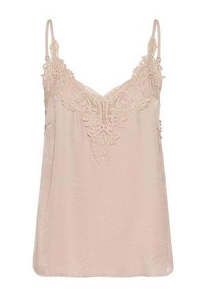 Beige satäng-cami topp med spetsdetaljerad V-ringning och justerbara axelband; slät textur med broderade blommor.