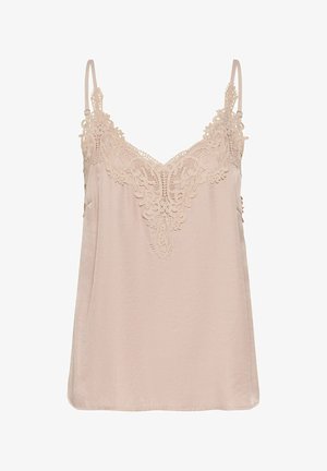 Beige satäng-cami topp med spetsdetaljerad V-ringning och justerbara axelband; slät textur med broderade blommor.