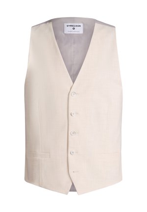 Formalna kamizelka w kremowym kolorze, z czterema guzikami i dwoma małymi przednimi kieszeniami, dopasowana na szczupłą sylwetkę.