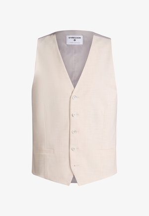 Formalna kamizelka w kremowym kolorze, z czterema guzikami i dwoma małymi przednimi kieszeniami, dopasowana na szczupłą sylwetkę.