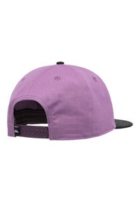 Purple fabric cap with a black bill, featuring an adjustable snapback closing and stitching details on the crown and back panel.