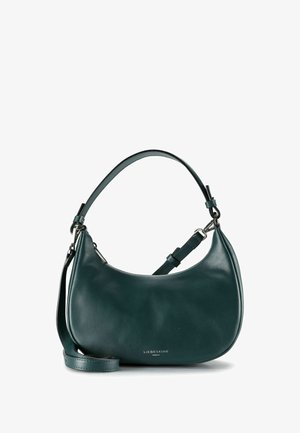 Borsa a spalla in pelle verde scuro con forma curva, tracolla rimovibile, hardware in argento e piccolo testo del logo "Liebeskind Berlin" sul davanti.