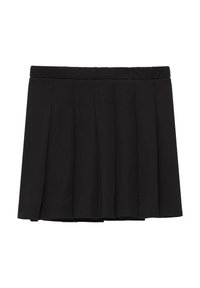 Jupe plissée noire en tissu doux. Dotée d'une taille élastique et d'une texture lisse, avec une forme évasée et un ourlet propre.