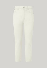 Pantaloni in denim bianco con vestibilità dritta, design a cinque tasche e cuciture in vista. Presentano una chiusura frontale con bottone e orli arrotolati.