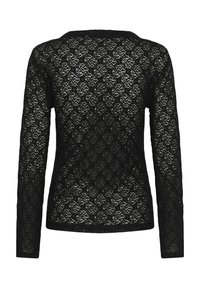 Sort blonde langærmet top med blomstermønster, tekstureret stof, rund halsudskæring og tætsiddende silhuet.