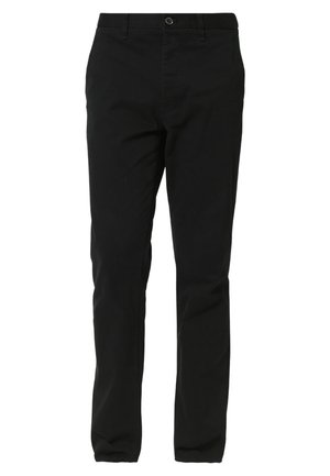 Pantaloni neri in tessuto di cotone, caratterizzati da un design a gamba dritta, chiusura con bottone e tasche laterali per funzionalità.